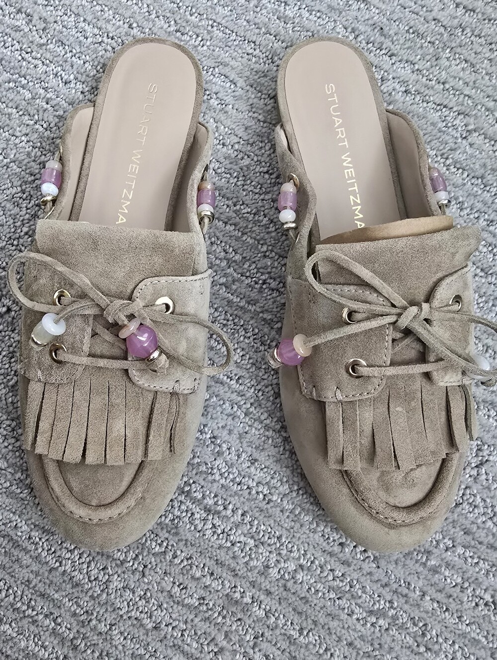 NIB Stuart Weitzman Majorca Tinsley Mule Beaded Fringe Moccasin Slide Msrp $495